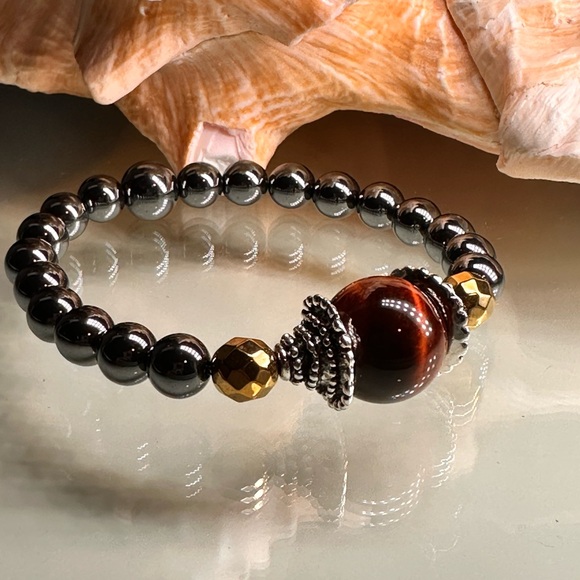 GUNPOWDER HEMATITE + TIGERS EYE NATURAL STONES BRACELET size 7” up to 7.5” - Picture 5 of 10